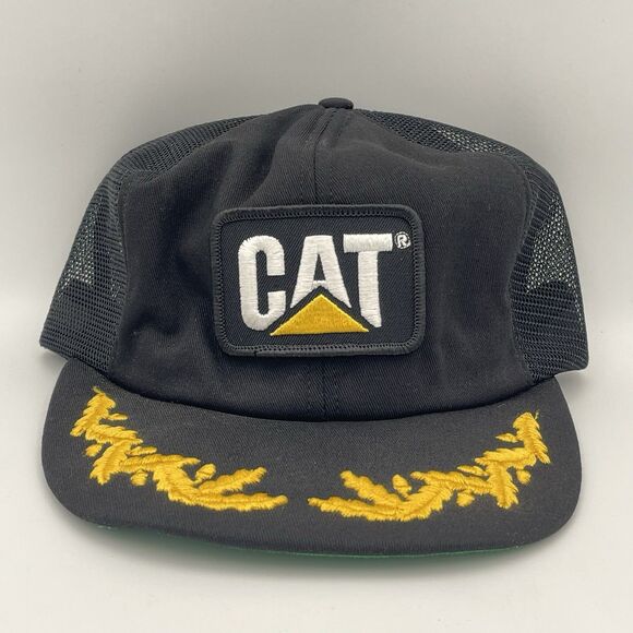Vintage CAT Caterpillar Gold Leaf Patch Snapback Hat Tonkin Trucker Mesh Cap 80s - Picture 1 of 12